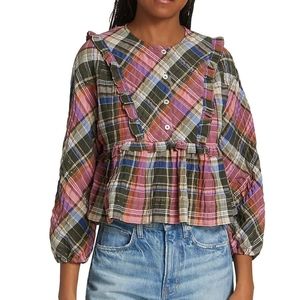Veronica Beard NWT Katalina Top, Plaid Ruffles, Green Pink, Crop, Size 10 / M
